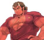  1boy abs alternate_costume arm_hair bara broken_horn chest_hair colored_sclera colored_skin cowboy_shot facial_hair fang hairy harada_(basashi) horns jacket large_pectorals long_sideburns looking_at_viewer male_cleavage male_focus mature_male muscular muscular_male oni_horns open_clothes open_jacket red_jacket red_oni_(tokyo_houkago_summoners) red_skin scar scar_on_chest short_hair sideburns slit_pupils solo stubble thick_eyebrows tied_hair tokyo_houkago_summoners track_jacket upper_body yellow_sclera 