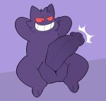  2021 anthro big_penis birdvian circumcised digital_media_(artwork) gengar genitals half-erect hands_behind_head hi_res huge_penis hyper hyper_genitalia hyper_penis looking_down male mammal nintendo nude penis pok&eacute;mon pok&eacute;mon_(species) presenting simple_background sitting smile solo vein veiny_penis video_games 