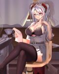  1girl alternate_costume azur_lane belt black_bra black_legwear bra breasts chair cigarette cleavage collared_shirt crossed_legs curtains desk dress_shirt garter_straps grey_belt grey_skirt headgear highres holding holding_paper jewelry large_breasts licking_lips long_hair miniskirt necklace office_lady open_clothes open_shirt orange_eyes paper prinz_eugen_(azur_lane) schwarz_indo shirt silver_hair sitting skirt smile thighs tongue tongue_out twintails two_side_up underwear 