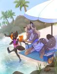  absurd_res anthro armband arthropod beach clothing cricket duo felid female hi_res hikari_(xirix) insect mammal mother mother_and_child orthopterid pantherine parasol parent parent_and_child playing seaside snow_leopard swimwear umbra_(xirix) vixenslife young 