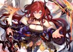  arknights breasts cleavage garter horns long_hair pupps purple_eyes red_hair surtr_(arknights) sword thighhighs torn_clothes weapon zettai_ryouiki 