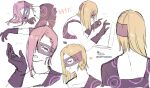  1boy absurdres black_gloves blonde_hair collarbone commentary_request facing_away gloves hair_over_one_eye heart highres jojo_no_kimyou_na_bouken male_focus mask melone multiple_views open_mouth pink_hair purple_eyes signature simple_background sofra translation_request twitter_username vento_aureo white_background 