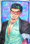  1boy bara black_hair black_jacket dark_skin dark_skinned_male facial_hair goatee green_hair highres jacket kyoichi_(live_a_hero) large_pectorals live_a_hero male_cleavage male_focus momo_(redcomet1104) multicolored_hair muscular muscular_male official_alternate_costume one_eye_closed open_clothes open_jacket shirt short_hair sideburns smug solo streaked_hair striped striped_shirt traditional_media two-tone_hair upper_body whistle whistle_around_neck 