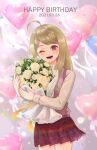  1girl ;d absurdres ahoge akamatsu_kaede balloon bangs blush bouquet cowboy_shot danganronpa_(series) danganronpa_v3:_killing_harmony dated dbals0807 flower grey_shirt hair_ornament happy_birthday heart_balloon highres holding long_hair long_sleeves looking_at_viewer miniskirt musical_note_hair_ornament object_hug one_eye_closed open_mouth pink_eyes pink_skirt pink_vest shiny shiny_hair shirt skirt smile solo standing swept_bangs teeth vest white_flower 