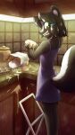  anthro ashka baking child clothing dress female hi_res kitchen mammal mephitid nowego_(artist) skunk solo step_ladder young 