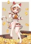  1girl :3 :d animal_ears arinu bangs barefoot bell border breasts brown_hair calico cat_ears cat_tail clenched_hands coin eyebrows_visible_through_hair fang full_body goutokuji_mike grey_background hair_between_eyes highres leg_up looking_at_viewer maneki-neko medium_breasts multicolored multicolored_clothes multicolored_hair multicolored_shirt multicolored_shorts multicolored_tail navel neck_bell open_mouth orange_hair shorts simple_background smile solo streaked_hair tail touhou treasure_chest v-shaped_eyebrows white_border white_hair yellow_eyes 