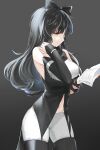  1girl bangs black_bow black_hair black_legwear blake_belladonna book bow breasts cowboy_shot detached_sleeves eyebrows_visible_through_hair gradient gradient_background hair_bow highres long_hair navel pants rwby solo standing tl white_pants yellow_eyes 