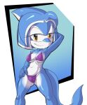  anthro bedroom_eyes blue_body blue_skin breasts butt_from_the_front cetacean delphinoid eyelashes fan_character female fours_(artist) hand_behind_head hand_on_hip hi_res looking_at_viewer mammal marine narrowed_eyes orange_eyes pinup pose seductive smile solo sonic_the_hedgehog_(series) standing tempest_the_dolphin toothed_whale yellow_eyes 