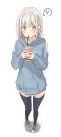  ! !! 1girl bangs black_legwear blonde_hair blue_eyes blue_footwear blue_hoodie blush braid clothing_cutout commentary_request drink drinking_straw eyebrows_visible_through_hair highres holding holding_drink hood hood_down hoodie long_hair long_sleeves original ramchi shoes shoulder_cutout side_braid signature silver_hair-chan_(ramchi) sneakers solo spoken_exclamation_mark standing thighhighs white_background zettai_ryouiki 