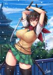  1girl adsouto asuka_(senran_kagura) bandages black_hair blush breasts brown_eyes brown_hair dress dual_wielding green_dress green_neckwear hair_ribbon highres holding holding_sword holding_weapon large_breasts long_hair looking_at_viewer necktie open_mouth plaid plaid_dress ponytail red_scarf ribbon scarf senran_kagura shirt short_hair skirt smile sweater_vest sword thighhighs vest weapon white_ribbon white_shirt 