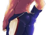  1boy all_might anzhisuo_(@hibh69) ass ass_focus bara bare_back boku_no_hero_academia close-up from_behind lower_body male_focus muscular muscular_male open_bodysuit pectorals skin_tight smile solo sweat textless thick_thighs thighs unzipped 