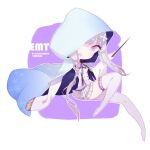  1girl absurdres bangs blue_cape braid cape chibi emilia_(re:zero) flower frilled_legwear from_side full_body hair_flower hair_ornament highres holding holding_wand hood light_purple_eyes long_hair long_sleeves looking_at_viewer looking_to_the_side no_shoes one_eye_covered open_mouth pleated_skirt re:zero_kara_hajimeru_isekai_seikatsu shirt side_braid silver_hair skirt slyvia snowflake_print solo thighhighs very_long_hair wand white_legwear white_shirt white_skirt wide_sleeves zettai_ryouiki 