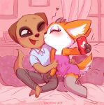  &lt;3 aggressive_retsuko antelope anthro bovid casual_clothing cellphone chief_komiya clothing detailed_background dress eyes_closed female gazelle herpestid hi_res hug kissing kissing_cheek legwear male male/female mammal meerkat one_eye_closed phone pillow romantic_couple sanrio sintastein sitting sitting_on_bed text thigh_highs tsunoda wink 