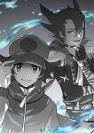  2boys bangs baseball_cap belt brown_hair closed_mouth commentary_request gloves grimsley_(pokemon) hair_between_eyes hand_on_headwear hand_up hat highres hilbert_(pokemon) jacket long_sleeves looking_at_viewer male_focus multiple_boys open_mouth pants partially_fingerless_gloves pokemon pokemon_(game) pokemon_bw pokemon_masters_ex punico_(punico_poke) shirt smile spiked_hair tongue zipper_pull_tab 