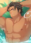  1boy abs air_bubble arms_behind_head bara black_hair bubble dark_skin dark_skinned_male dragalia_lost highres large_pectorals looking_at_viewer male_focus muscular muscular_male nipples nude partially_submerged ranzal short_hair sideburns solo stomach upper_body zifuuuun 