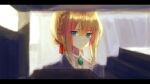  1girl bangs blonde_hair bookshelf braid brooch closed_mouth cravat crown_braid eyebrows_visible_through_hair green_eyes hair_between_eyes hair_bun jacket jewelry letterboxed long_hair looking_at_viewer red_ribbon ribbon sidelocks slyvia solo upper_body violet_evergarden violet_evergarden_(character) white_neckwear 
