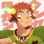  1boy american_football_uniform animal_ears brown_eyes brown_hair cow_boy cow_ears cow_horns dark_skin dark_skinned_male face facial_hair feather_necklace fiery_horns forked_eyebrows glowing_horns goatee green_shirt head_tilt highres horns male_focus pointing pointing_at_self portrait shirt short_hair sideburns smile solo spiked_hair sportswear thick_eyebrows tokyo_houkago_summoners translation_request upper_body wakan_tanka zifuuuun 