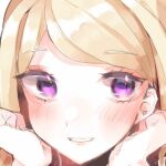  1girl akamatsu_kaede bangs blonde_hair blush close-up danganronpa_(series) danganronpa_v3:_killing_harmony eyebrows_visible_through_hair face hands_on_own_face hands_up head kaeru_no_ko long_hair looking_at_viewer parted_lips purple_eyes smile solo 