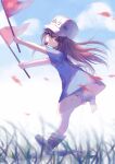  1girl absurdres ankle_cuffs blue_dress blue_sky blurry blurry_foreground boots brown_eyes brown_footwear brown_hair cloud day depth_of_field dress flag grass hat hataraku_saibou highres holding holding_flag long_hair looking_at_viewer mouth_hold outdoors petals pink_shorts platelet_(hataraku_saibou) shoes short_sleeves shorts shorts_under_dress single_shoe sky slyvia smile solo very_long_hair whistle white_headwear 