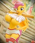  2020 3d_(artwork) 4:5 anthro anthrofied areola areola_slip baseball_bat bat_(object) big_breasts bottomwear breasts clothing digital_media_(artwork) equid equine female footwear forsaken_(artist) friendship_is_magic hand_on_hip hasbro hi_res holding_object legwear looking_at_viewer mammal my_little_pony pegasus purple_eyes scootaloo_(mlp) shorts socks solo stars_and_stripes thigh_highs thigh_socks tight_clothing topwear torn_clothing united_states_of_america wings 