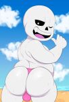  5_fingers absurd_res animated_skeleton balls beach big_butt bodily_fluids bone breasts bulge butt clothing fingers genitals hi_res jerseydevil looking_at_viewer male pinup pose sans_(undertale) sea seaside skeleton slightly_chubby smiling_at_viewer solo sweat swimwear undead undertale video_games water 