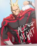  1boy all_might alternate_costume animal_on_shoulder antenna_hair belt black_bodysuit blonde_hair bodysuit boku_no_hero_academia bunny cape character_name covered_abs grin hair_slicked_back highres large_pectorals male_focus muscular muscular_male red_cape short_hair smile solo trevo_(trevoshere) upper_body 