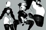  1girl absurdres ass back_cutout blindfold boots cleavage_cutout closed_mouth clothing_cutout covered_navel gloves grey_background greyscale hairband highres leotard monochrome multiple_views nier_(series) nier_automata popogori puffy_sleeves short_hair simple_background sitting spread_legs thigh_boots thighhighs turtleneck yorha_no._2_type_b 