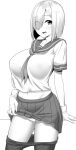  1girl arm_support blush breasts burusuta collarbone gloves hair_ornament hair_over_one_eye hairclip hamakaze_(kancolle) highres kantai_collection large_breasts looking_at_viewer midriff monochrome open_mouth pantyhose pantyhose_pull pleated_skirt school_uniform serafuku short_hair simple_background skirt skirt_lift solo white_background 