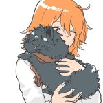  1girl animal brown_scarf closed_eyes dog fate/grand_order fate_(series) fujimaru_ritsuka_(female) holding holding_animal holding_dog o_haru okada_izou_(dog)_(fate) okada_izou_(fate) orange_hair pomeranian_(dog) scarf shirt short_hair side_ponytail simple_background smile upper_body white_background white_shirt 