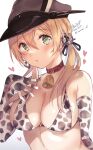  1girl animal_print bell bikini blonde_hair blush breasts cleavage cow_print cowbell dated elbow_gloves eyebrows_visible_through_hair gloves green_eyes hair_between_eyes hat heart highres kantai_collection large_breasts long_hair military_hat one-hour_drawing_challenge parted_lips peaked_cap prinz_eugen_(kancolle) saiki_yuzuri signature solo swimsuit twitter_username white_bikini white_gloves 