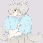  2girls animal_ears blue_shirt blush closed_eyes collared_shirt dog_ears dog_girl dog_tail eye_contact eyebrows_visible_through_hair from_side grey_background grey_hair hand_on_another&#039;s_shoulder hug looking_at_another multiple_girls nekoya_saki original pleated_skirt shirt short_hair simple_background skirt sweatdrop tail upper_body yuri 