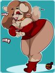  2019 absurd_res anthro beckoning bedroom_eyes big_breasts big_butt breasts brown_body brown_fur brown_hair butt canid canine canis clothing collar curvy_figure dialogue digital_media_(artwork) domestic_dog dress english_text eyeshadow female fur gesture grey_eyes hair hi_res high_heels huge_breasts huge_butt inkit89 looking_at_viewer makeup mammal multicolored_body multicolored_fur narrowed_eyes ruby_valentine_(luhyzi) seductive simple_background smile solo tailwag talking_to_viewer tan_body tan_fur teeth text thick_thighs tongue tongue_out voluptuous wide_hips 