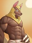  2021 abs anthro anubian_jackal bandage biceps blue_eyes brown_body brown_fur canid canine canis clothing egyptian_clothing egyptian_headdress fangs fur half-length_portrait hi_res jackal jrjresq league_of_legends male mammal muscular muscular_anthro muscular_male nasus_(lol) open_mouth pecs portrait riot_games sharp_teeth solo teeth tongue triceps video_games wrappings 