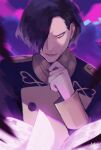  1boy bangs black_hair book buttons character_request fire_emblem fire_emblem:_three_houses gloves hair_over_one_eye hand_on_own_chin highres long_sleeves looking_at_viewer male_focus military military_uniform open_book parted_lips purple_eyes short_hair signature simple_background slyvia solo uniform upper_body white_gloves 