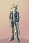  2021 anthro beastars black_tie_(suit) bottomwear canid canine canis claws clothed clothing dress_pants dress_shirt ffog footwear hand_in_pocket hi_res legoshi_(beastars) male mammal pants pink_background pockets shirt shoes simple_background solo standing suit topwear wolf 