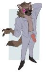  2020 abstract_background absurd_res anthro blazer canid canine canis classy claws clothed clothing dress erection eyewear fluffy fluffy_tail footwear furgonomics genitals gesture hand_behind_head hi_res jacket knot male mammal navel neck_tuft one_eye_closed open_clothing open_topwear pawpads penis penis_through_fly pointing poking_out portrait prick_ears servalex shoes solo sunglasses topwear tuft wink wolf 