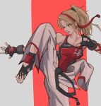  1girl barefoot belt black_belt black_gloves black_scrunchie blonde_hair blue_eyes breasts clothes_around_waist dougi fighting_stance fingerless_gloves gloves grey_background hair_ornament hair_scrunchie hairband high_kick highres karate karate_gi kicking leg_up liam_hull lidia_sobieska long_hair medium_breasts red_background red_hairband red_tank_top scar scar_across_eye scrunchie solo standing standing_on_one_leg studded_gloves tank_top tekken tekken_7 toes two-tone_background 