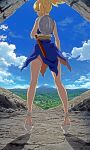  1girl absurdres bandages bangs bare_legs blonde_hair blue_dress dr._stone dress green_eyes highres huge_filesize knife kohaku_(dr._stone) legs long_hair looking_at_viewer mountainous_horizon ponytail shiny shiny_hair short_dress side_slit sky sleeveless sleeveless_dress solo solo_focus spread_legs standing tied_hair 