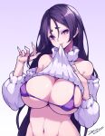  1girl 2021 bikini breasts eyebrows eyebrows_visible_through_hair fate/grand_order fate_(series) hand_in_hair highres large_breasts long_hair looking_at_viewer march minamoto_no_raikou_(fate) navel purple_bikini purple_eyes purple_hair purple_sweater ribbed_sweater scarlet_zel signature sweater swimsuit upper_body 