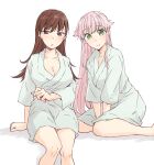  2girls :&gt; :o bangs blush breasts brown_eyes brown_hair cleavage commentary_request eyebrows_visible_through_hair green_eyes hair_flaps kantai_collection large_breasts long_hair multiple_girls naked_robe ooi_(kancolle) open_mouth pink_hair rindou_(rindou_annon) robe sidelocks simple_background sitting smile white_background yura_(kancolle) 