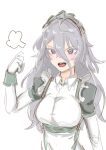  1girl absurdres apron blush breasts dress elbow_gloves eyebrows_visible_through_hair fish_dumplings girls_frontline gloves grey_eyes grey_hair hand_up highres long_hair looking_at_viewer maid maid_headdress medium_breasts open_mouth solo white_background white_gloves xm8_(girls_frontline) 