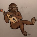 1:1 2021 5_fingers 5_toes anthro ape balls barely_visible_balls barely_visible_genitalia brown_balls brown_body brown_eyes brown_fur chimpanzee feet fingers fur genitals haplorhine lute male mammal musical_instrument musical_note narcixus nide plucked_string_instrument primate signature sitting solo string_instrument toes traditional_media_(artwork) 