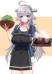  1girl ahoge apron black_apron blue_shirt blush bowl breasts clothes_writing collarbone cowboy_shot eyebrows_visible_through_hair food hair_between_eyes headgear highres holding holding_bowl kantai_collection komb large_breasts long_hair parted_lips pleated_skirt shirt short_sleeves silver_eyes silver_hair skirt solo steak washington_(kancolle) white_skirt 