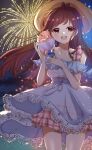  1girl :d antenna_hair apple artist_name bare_shoulders blush breasts brown_hair cleavage collarbone dress eyebrows_visible_through_hair fireworks food frilled_dress frills fruit glint hat highres idolmaster idolmaster_cinderella_girls idolmaster_cinderella_girls_starlight_stage lace-trimmed_dress lace_trim lois_lion long_hair medium_breasts night night_sky open_mouth plaid plaid_dress ribbon see-through_dress shaved_ice signature sky smile solo tsujino_akari white_dress 