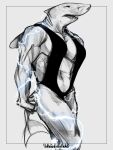  3:4 absurd_res anthro benjamin_ratterman black_and_white electricity electricity_manipulation elemental_manipulation female fish flexing hi_res lightning magic magic_user marine monochrome muscular muscular_anthro muscular_female shark shark_tail solo 