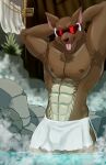  2020 anthro biceps canid canine canis corrector_yui eyewear hi_res hot_spring looking_at_viewer male mammal muscular muscular_anthro muscular_male pinup pose solo synchro tongue tongue_out towel towel_only unknown_artist war_wolf water wolf 