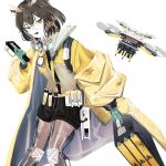  1girl arknights black_shorts brown_hair coat feet_out_of_frame glasses gloves green_gloves headphones headphones_around_neck highres holding long_sleeves mugioec open_mouth quadcopter see-through_legwear short_hair shorts silence_(arknights) simple_background solo white_background yellow_coat yellow_eyes 