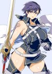  armor blue_background blue_eyes blue_hair boots breasts cape chrom_(fire_emblem) fire_emblem gauntlets genderswap genderswap_(mtf) gloves hachimaki headband highres holding holding_sword holding_weapon large_breasts master_sword nejiri_hachimaki short_hair shoulder_tattoo sword tattoo thick_thighs thigh_boots thighhighs thighs weapon white_cape yajiro_masaru 