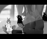  1boy 1girl amber_(genshin_impact) ass bangs blush breasts fingering fingerless_gloves genshin_impact gloves greyscale hair_between_eyes highres kaeya_(genshin_impact) large_breasts long_hair masturbation monochrome navel nyantcha pants pants_pull sitting tattoo thighhighs 