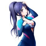  1girl arm_up bangs bikini blue_bodysuit blue_hair bodysuit breasts cleavage collarbone eyebrows_behind_hair front-tie_bikini front-tie_top hair_between_eyes hand_up highres kuena long_hair long_sleeves looking_at_viewer love_live! love_live!_sunshine!! matsuura_kanan medium_breasts parted_bangs ponytail purple_eyes simple_background solo striped striped_bikini swimsuit v-shaped_eyebrows very_long_hair white_background 